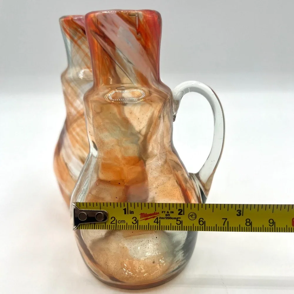Hand Blown Art Glass Cruet with Applied Handle, Swirl Design,‎ Set of 2